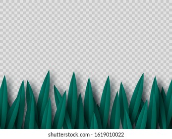 Vector green grass border isolated on transparent background. Paper cut style. Spring or summer plant leaves.