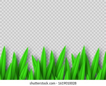Vector green grass border isolated on transparent background. Paper cut style. Spring or summer plant leaves.