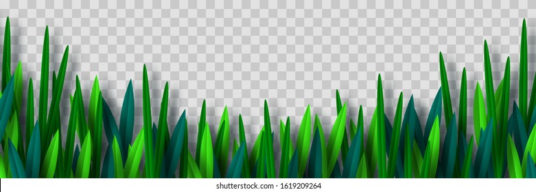 Vector Green Grass Border Isolated On Transparent Background. Paper Cut Style. Spring Or Summer Plant Leaves.