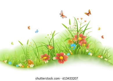 Vector green grass, flowers and butterflies