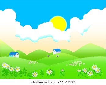 Vector green grass on blue sky with white clouds.