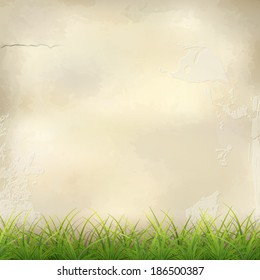 Vector green grass on plaster wall abstract background with subtle delicate grunge texture of surface in shades of light beige colors