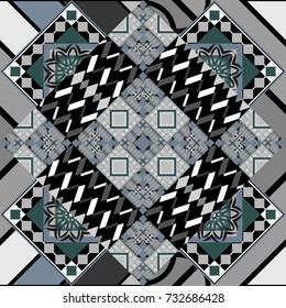 Vector green, gray and black seamless background pattern with rhombuses.