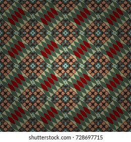 Vector green, gray and brown seamless background pattern with rhombuses.