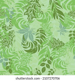 Vektor Green Grey Dschungel Blätter nahtloses Muster. Perfekt für die Ausführung von Mustern, Stoffen, Tapeten, Natur, Pflanzen und Grünprojekten.