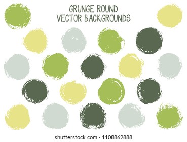 Vector green grunge circles. Cool watercolor stamp texture circle scratched label backgrounds. Circular icon, ink logo shape, oval button elements. Grunge round shape banner backgrounds set.
