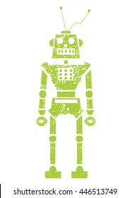 Vector green grunge robot doodle on a white background.