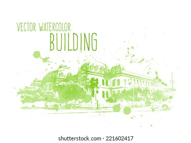 Vector green grungy watercolor building in Cuenca, Ecuador