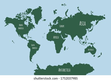 Vector green hand drawn doodle sketch world map isolated on blue background
