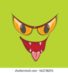 vector green hand drawn funny monster face. cartoon monster smiling face for kids background or greeting cards.