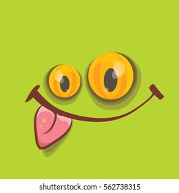 vector green hand drawn funny monster face. cartoon monster smiling face for kids background or greeting cards.