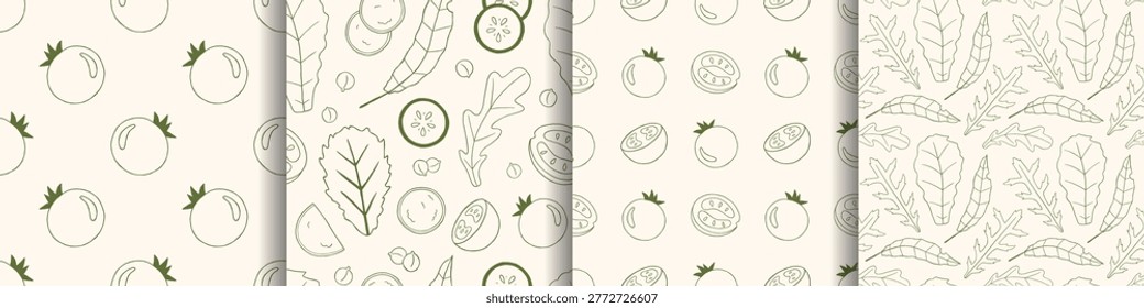 Vector green hand drawn outline sketch monochrome doodle seamless pattern set. Tomato, cucumber, salad leaf, vegetables print. Fresh healthy food background for organic kitchen design, wrapping paper.