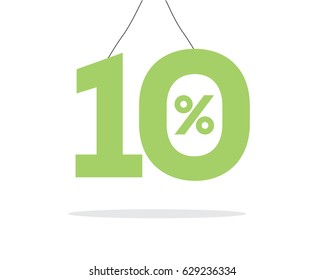 Vector green hanging 10% text on air with shadow isolated on white background. For sale campaigns.