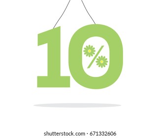 Vector green hanging 10% text designed with a daisy flower percent icon on air with shadow isolated on white background. For summer sale campaigns.