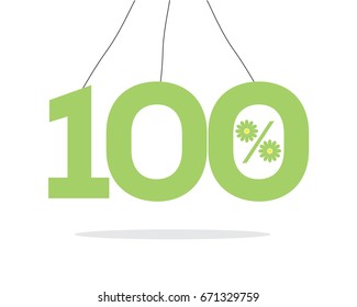 Vector green hanging 100% text designed with a daisy flower percent icon on air with shadow isolated on white background. For summer sale campaigns.