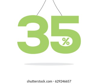 Vector green hanging 35% text on air with shadow isolated on white background. For sale campaigns.