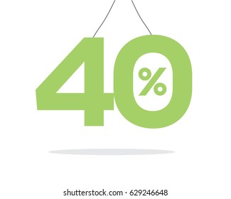 Vector green hanging 40% text on air with shadow isolated on white background. For sale campaigns.
