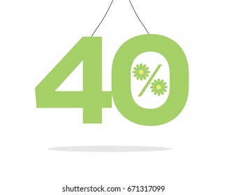 Vector green hanging 40% text designed with a daisy flower percent icon on air with shadow isolated on white background. For summer sale campaigns.