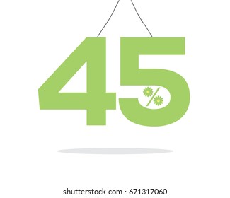 Vector green hanging 45% text designed with a daisy flower percent icon on air with shadow isolated on white background. For summer sale campaigns.