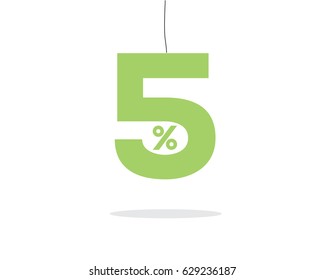 Vector green hanging 5% text on air with shadow isolated on white background. For sale campaigns.