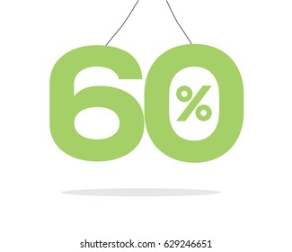 Vector green hanging 60% text on air with shadow isolated on white background. For sale campaigns.