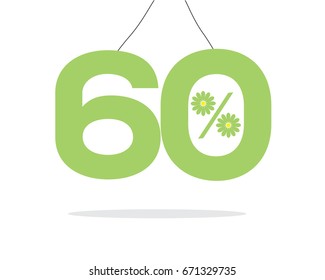 Vector green hanging 60% text designed with a daisy flower percent icon on air with shadow isolated on white background. For summer sale campaigns.