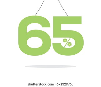 Vector green hanging 65% text designed with a daisy flower percent icon on air with shadow isolated on white background. For summer sale campaigns.
