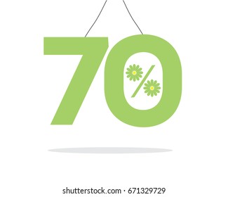 Vector green hanging 70% text designed with a daisy flower percent icon on air with shadow isolated on white background. For summer sale campaigns.