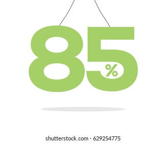 Vector green hanging 85% text on air with shadow isolated on white background. For sale campaigns.