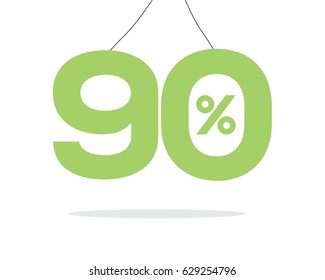 Vector green hanging 90% text on air with shadow isolated on white background. For sale campaigns.