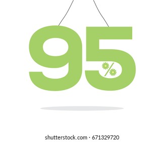 Vector green hanging 95% text designed with a daisy flower percent icon on air with shadow isolated on white background. For summer sale campaigns.