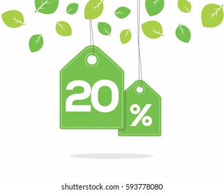 Vector green hanging price tag labels with 20% text on them and with shadow on white background with leaves. For spring sale campaigns. 