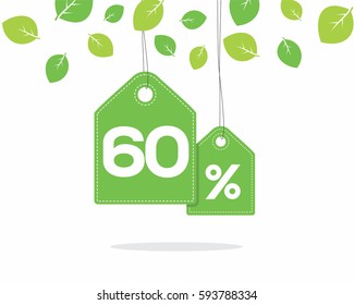 Vector green hanging price tag labels with 60% text on them and with shadow on white background with leaves. For spring sale campaigns. 