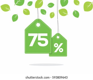 Vector green hanging price tag labels with 75% text on them and with shadow on white background with leaves. For spring sale campaigns. 