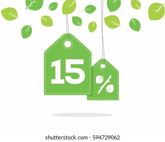 Vector green hanging price tag labels with 15% text designed with a leaf and stick branch percent icon and with shadow on white background with leaves. For spring sale campaigns. 