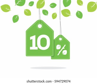 Vector green hanging price tag labels with 10% text designed with a leaf and stick branch percent icon and with shadow on white background with leaves. For spring sale campaigns. 