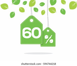 Vector green hanging price tag labels with 60% text designed with a leaf and stick branch percent icon and with shadow on white background with leaves. For spring sale campaigns. 
