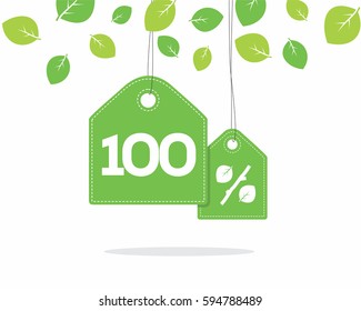 Vector green hanging price tag labels with 100% text designed with a leaf and stick branch percent icon and with shadow on white background with leaves. For spring sale campaigns. 