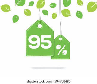 Vector green hanging price tag labels with 95% text designed with a leaf and stick branch percent icon and with shadow on white background with leaves. For spring sale campaigns. 