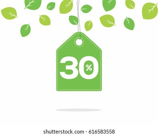 Vector green hanging price tag label with 30% text on it and with shadow on white background with leaves. For spring sale campaign. 