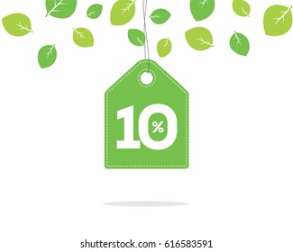 Vector green hanging price tag label with 10% text on it and with shadow on white background with leaves. For spring sale campaign. 