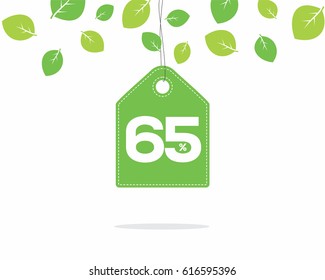 Vector green hanging price tag label with 65% text on it and with shadow on white background with leaves. For spring sale campaign. 
