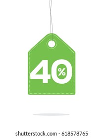 Vector green hanging price tag label designed with 40% text and stitches on it and with shadow isolated on white background. For spring summer sale campaign.