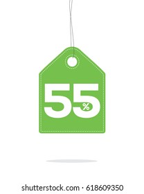 Vector green hanging price tag label designed with 55% text and stitches on it and with shadow isolated on white background. For spring summer sale campaign.