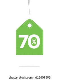 Vector green hanging price tag label designed with 70% text and stitches on it and with shadow isolated on white background. For spring summer sale campaign.