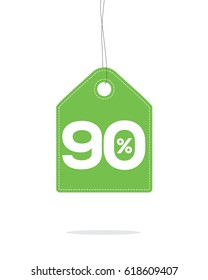 Vector green hanging price tag label designed with 90% text and stitches on it and with shadow isolated on white background. For spring summer sale campaign.