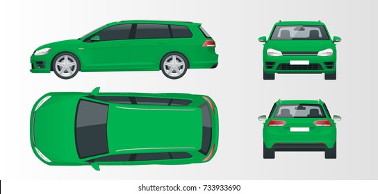 Vector green hatchback car. Compact Hybrid Vehicle. Eco-friendly hi-tech auto. Easy color change. Template vector isolated on white View front, rear, side, top