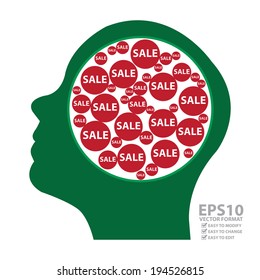 Vector : Green Head With Group of Red Sale Icon in Brain Isolated on White Background 
