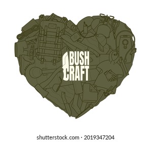 Vector green heart composed of bushcraft equipment. Isolated on white background.