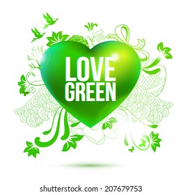 Vector green heart illustration for summer and ecology design. Love green label.